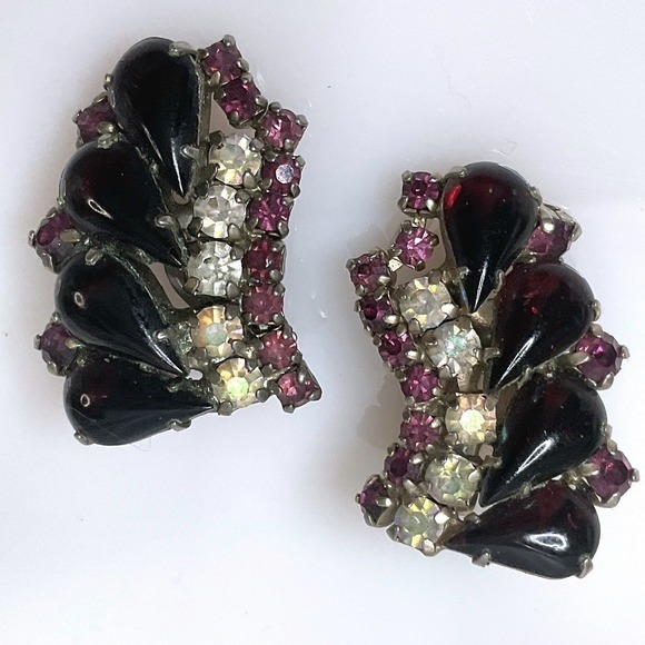 Estate Jewelry - Vintage Purple & Clear Rhinestone Earrings Climber Clip On Silver Tone Statement